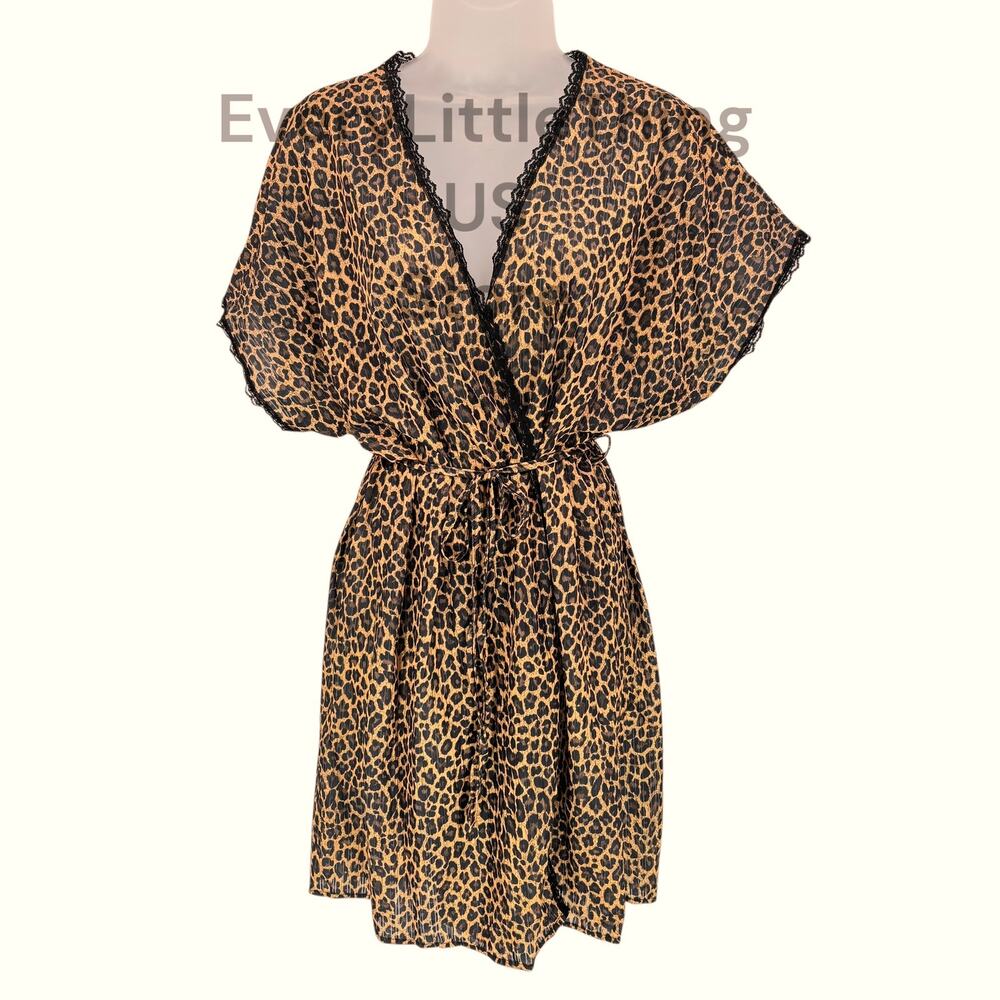 Vintage Robe Plus Size 1X Leopard Prnt Lace Tie Nightgown Kimono Private Moments